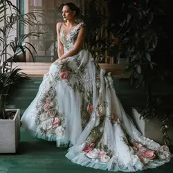 Vestido de novia transparente con cuello en V, nuevo diseño, colección de rosas, blanco, espalda abierta, vestidos largos de Noche, Vestidos Elegantes