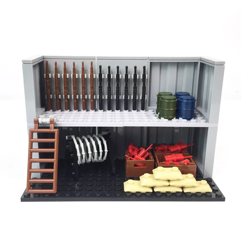 WW2 Architecture military weapon room Arsenal Building Blocks Rifle cannon sandbag Bricks Kit DIY Creative Military Toy For Kids