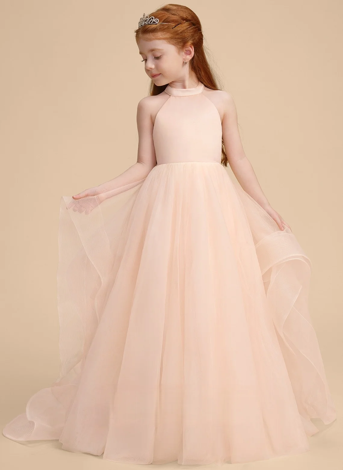 Light luxury children's halter neck dress, large mesh long dress, flower girl wedding dress, birthday performance princess dress