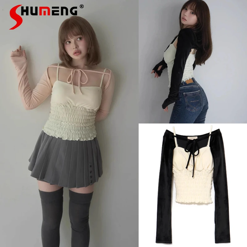 

Японская Лолита Sweet Design Outfit Pure Desire Sweet Velvet Slim Fit Strap Tie Camisoles Блузка с длинными рукавами Топ Комплект из двух предметов
