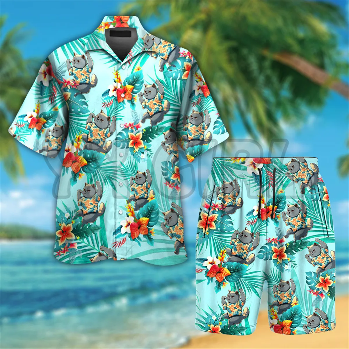 Bulldog Wearing Sunglass Funny Colorful Hawaiian Shirt 3D Printed Hawaiian Shirt+Beach Shorts Men Love Dog Gift