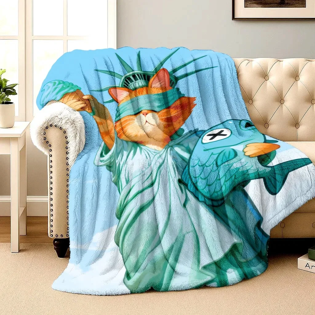Large Decorative Throw Blanket Statue of Liberty Cat Art Fleece Cozy Living Room Sofa Bed Decor 150x230cm