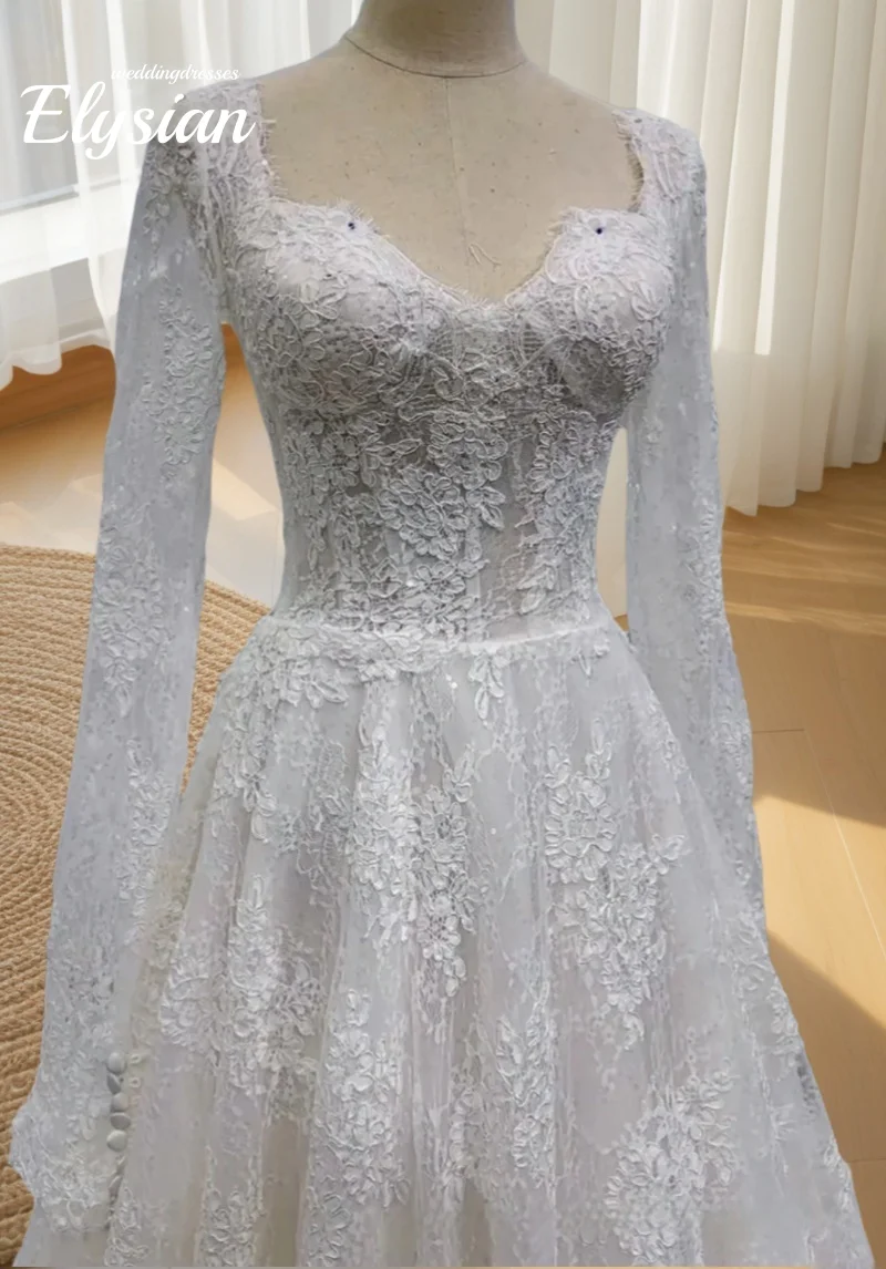 Maßgeschneidertes neuestes Hochzeitskleid A-Linie, elegante Spitze, volle Ärmel, herzförmiger Ausschnitt, Brautkleid, Vestidos De Novias2026