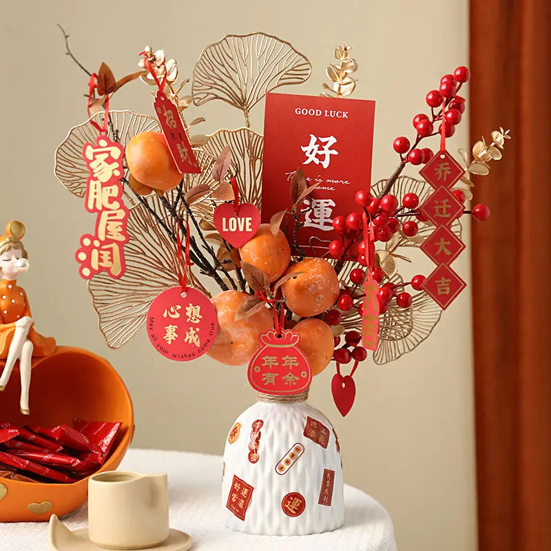 Persimmon Red Fortune Fruit Ceramic Vase Set Ornaments New Year Housewarming Gift Home Livingroom Porch Furnishing Decoration