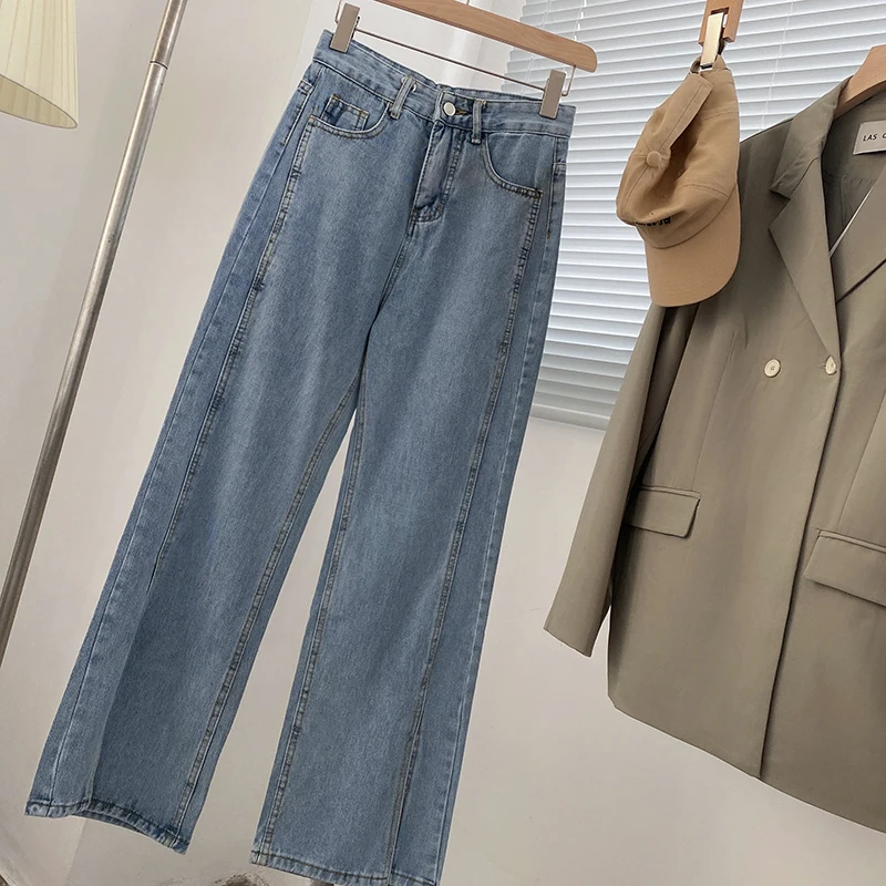 

High Waist Wide Leg Jeans Women's Spring Autumn New Style Simple Classic Straight Cut Slit Denim Pants plus Size Slimming