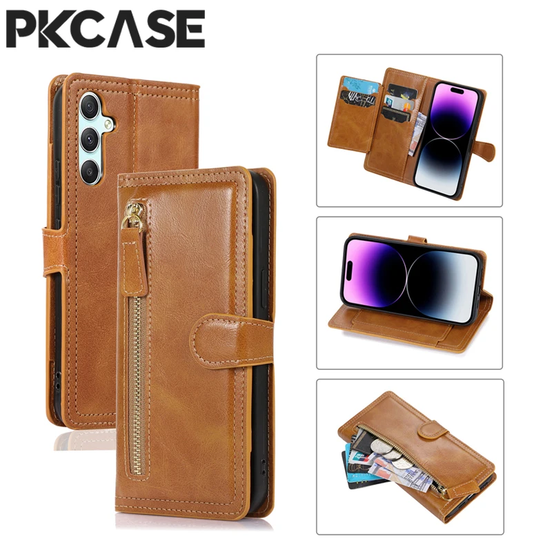 

PKCASE Zipper Flip Wallet Leather Phone Case For Samsung Galaxy S25 S24 Ultra S23 FE S22 S21 S20 S10 Note 10 Plus 20 Ultra Cover