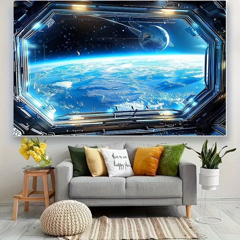 Tapiz con vista a tierra de estación espacial: perspectiva galáctica, tela de fondo para decoración de pared, decoración del hogar para dormitorio