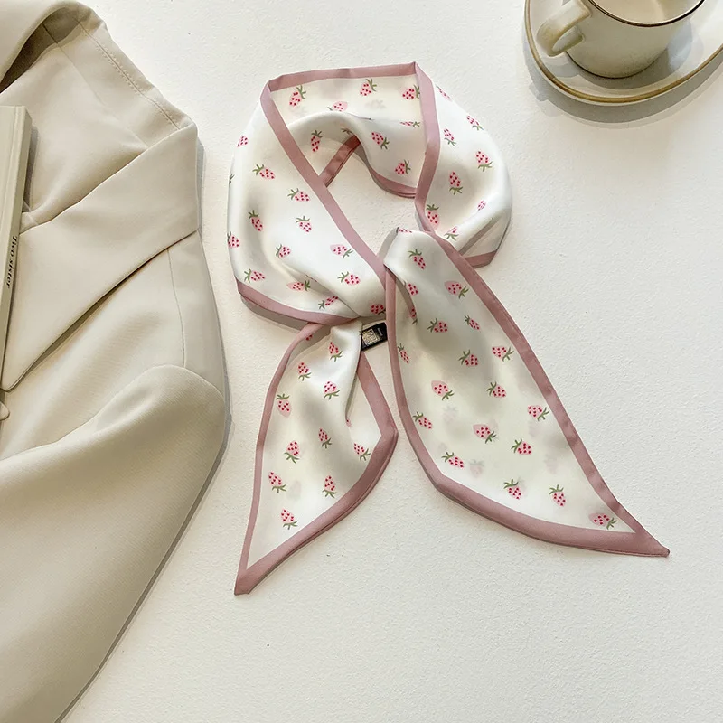 New Fashion Decoration Neckerchief Spring/Summer Strawberry fruit Scarf for Women Soft Satin Printed Travel Headband