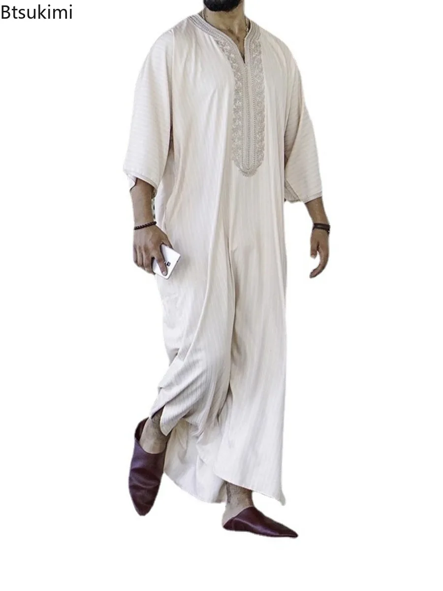 2024 Ramadan Moslim Mode Abaya Voor Mannen Arabische Islam Kaftan Gewaad Nieuwe Mannen Etnische Stijl Losse Casual Geborduurde Party Jubba Thobe