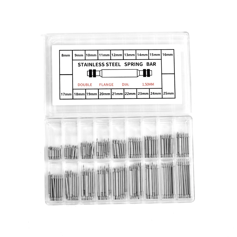 180Pcs 8-25mm Stainless Steel Watch Band Link Pins Watch Repair Accessories Kit 1.5mm Solid Double Flange Watch Spring Bars