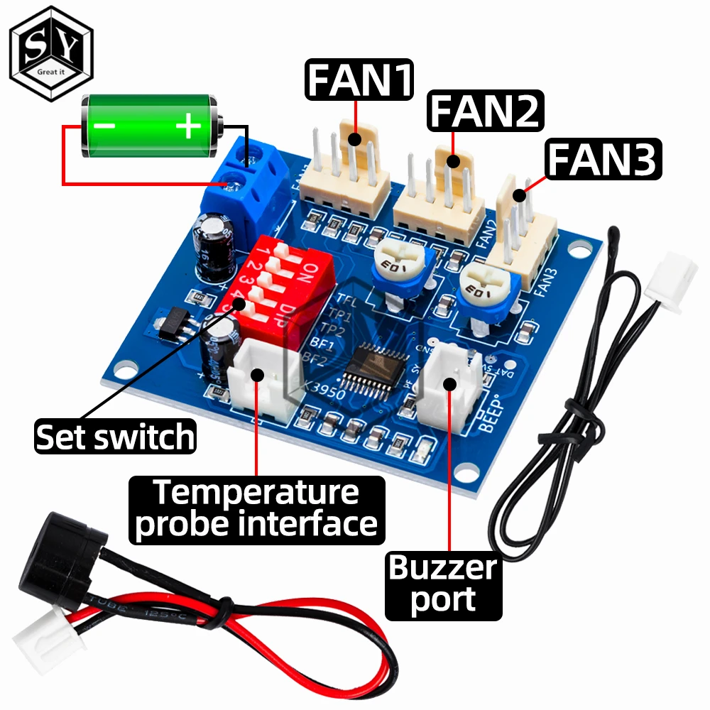 DC 12V 5A PWM PC CPU Fan Temperature Control Speed Controller Module Buzzer High-Temp Alarm NTC B 3950 Thermistor 50K