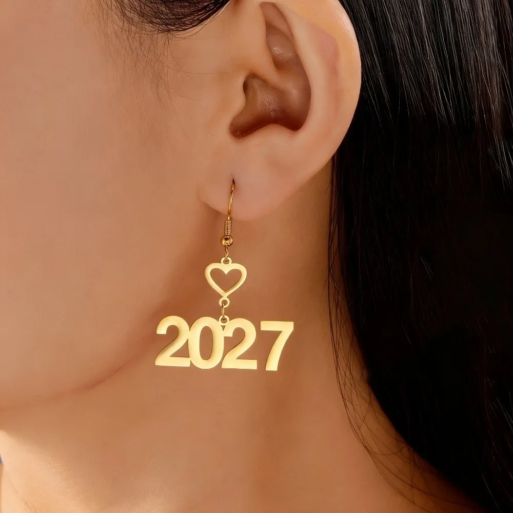 Elegant 2027 Digital Earrings Hollowed-out Fashion Metal Alloy Happy New Year Earrings Long Drop Love Heart Design Stud Earrings