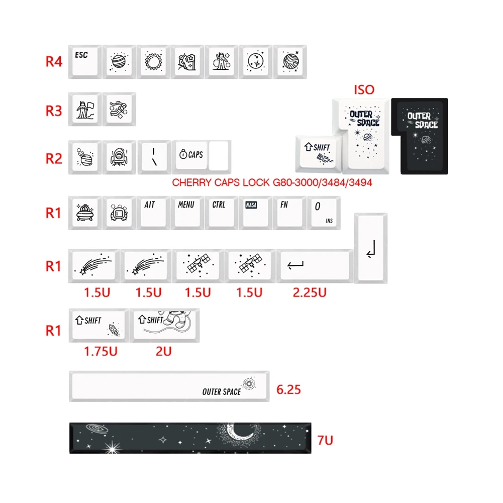 외부 공간 키캡, 체리 프로필 키캡, Gk61 64 68/108 GMMK PRO 기계식 게이밍 키보드, ISO 키캡, 영어