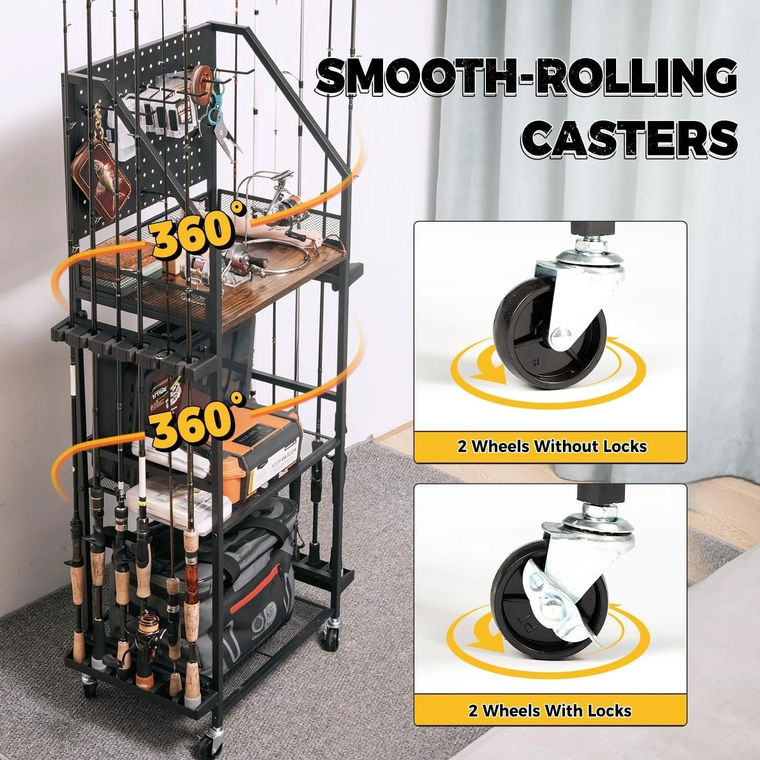 3 Layer Fishing Rod Storage Rack With Wheels Multi-Functional Fishing Gear Organizer Shelf Warehouse Garage Tool Holder Shelves