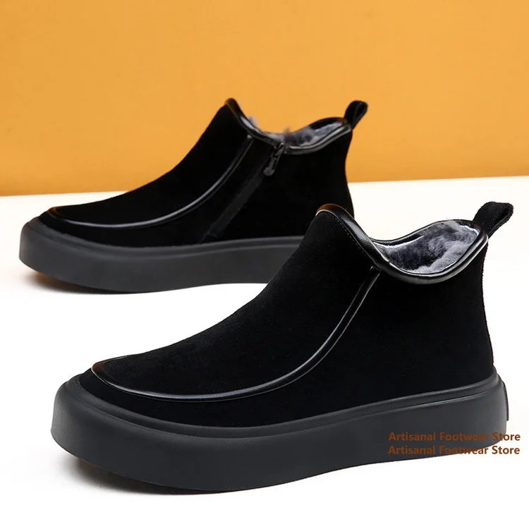 Men's Suede Winter Snow Boots Side Zipper Slip-On Ankle Booties Fuzzy Fleece Lined Thick Sole Boots Trendy Winter Men's Boots
