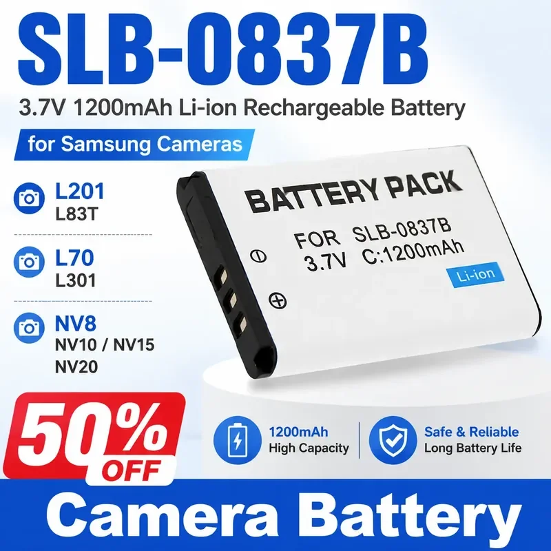 

SLB-0837B Camera Battery 3.7V 1200mAh for Samsung L201 L83T L70 L301 L310 NV8 NV10 NV15 NV20 Li-ion Rechargeable