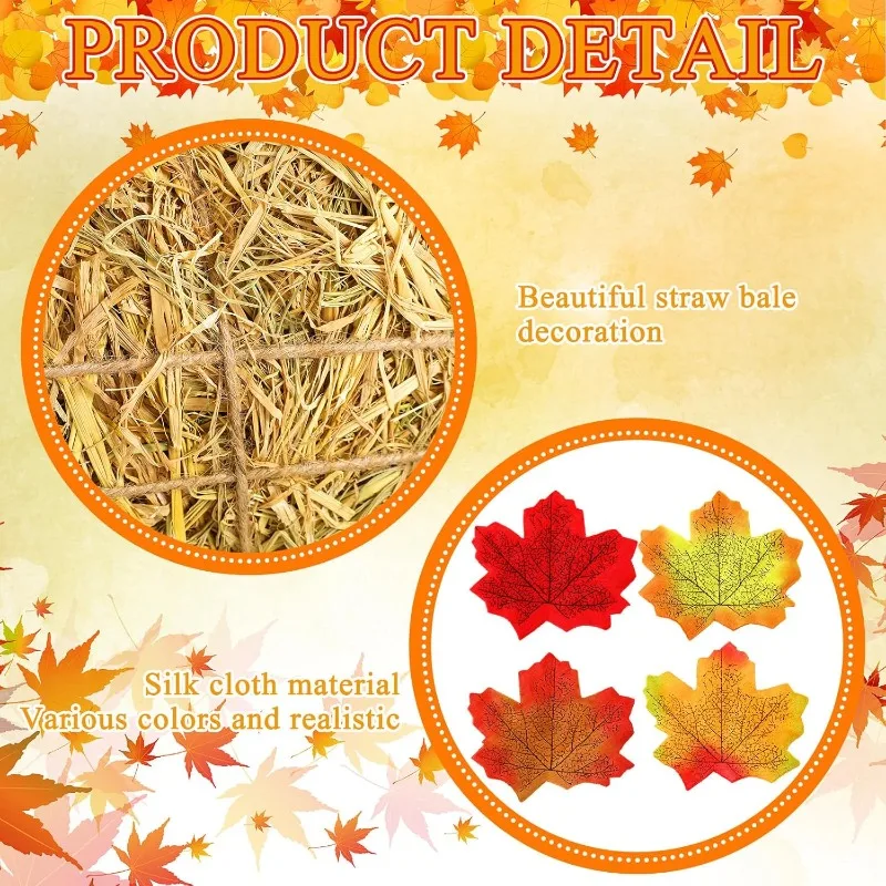 

4Pcs 13x6x5 Inch Decorative Straw Hay Pile with 200 Fake Autumn Maple Leaves Home Decor