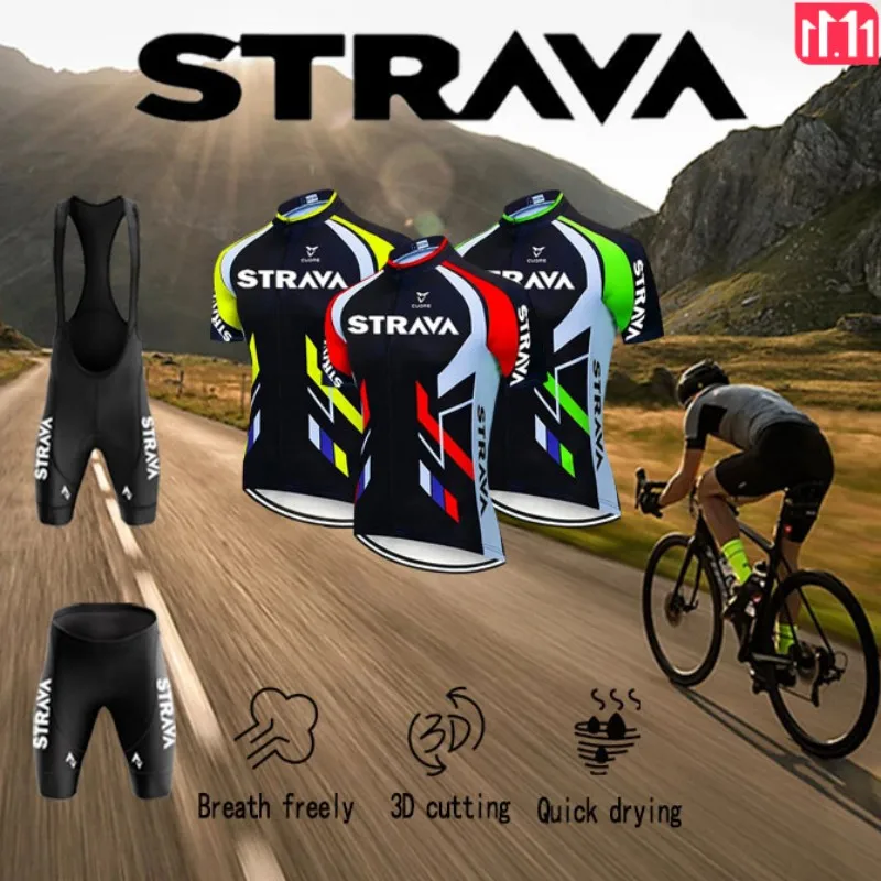 STRAVA Mountain Bike Road Bike Men's Summer Cycling Jacket Short Sleeve Bib Shorts Three-Piece Camping Riding Gear