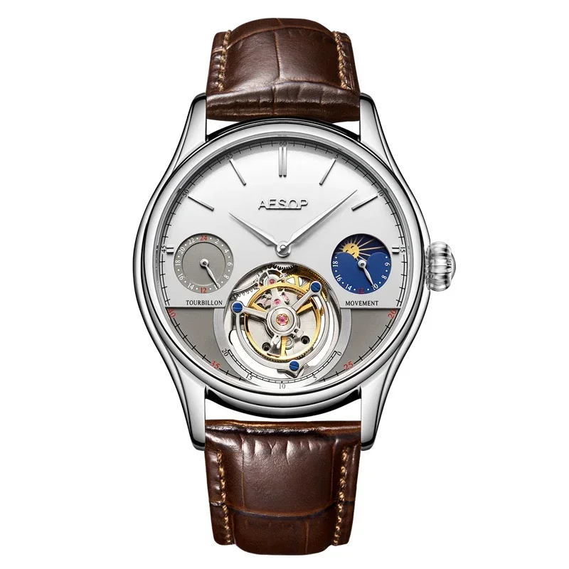 Aesop 7023 Manual Tourbillon Movement Stainless Steel Leather Sapphire Fashion Multi functional Dial Men's Mechanical Watch