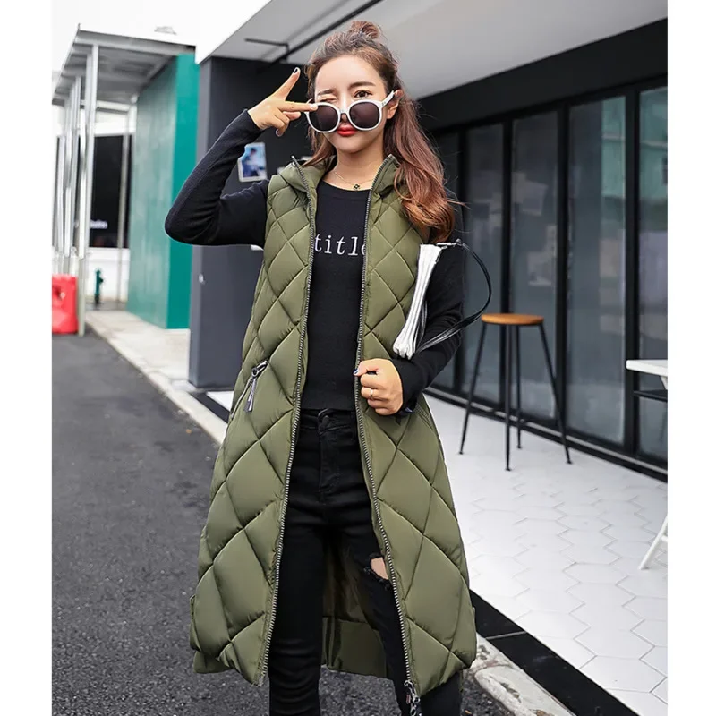 Women\'s Sleeveless Vest Long Down Jacket Solid Korea Hooded Padded Vests Loose Females 2022 Ladies Fashion Casual Winter Coat