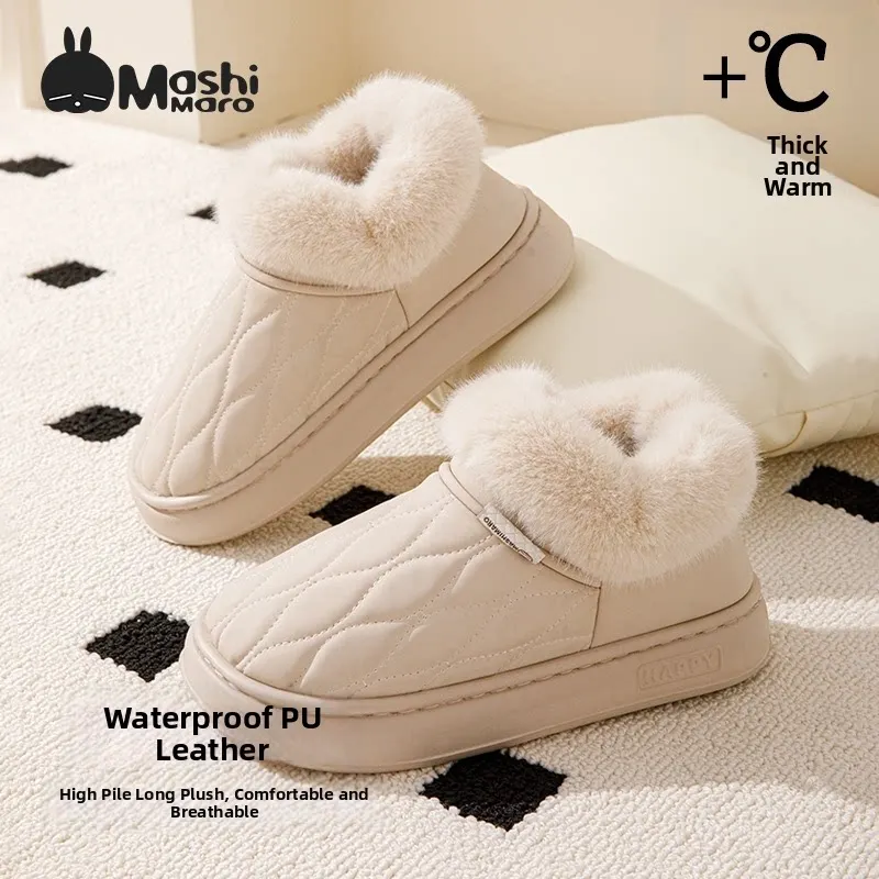 Winter Warm Quilted Slippers Women Men Waterproof Thick Plush Indoor Home Shoes Non slip Outdoor House Slippers Cozy Footwear