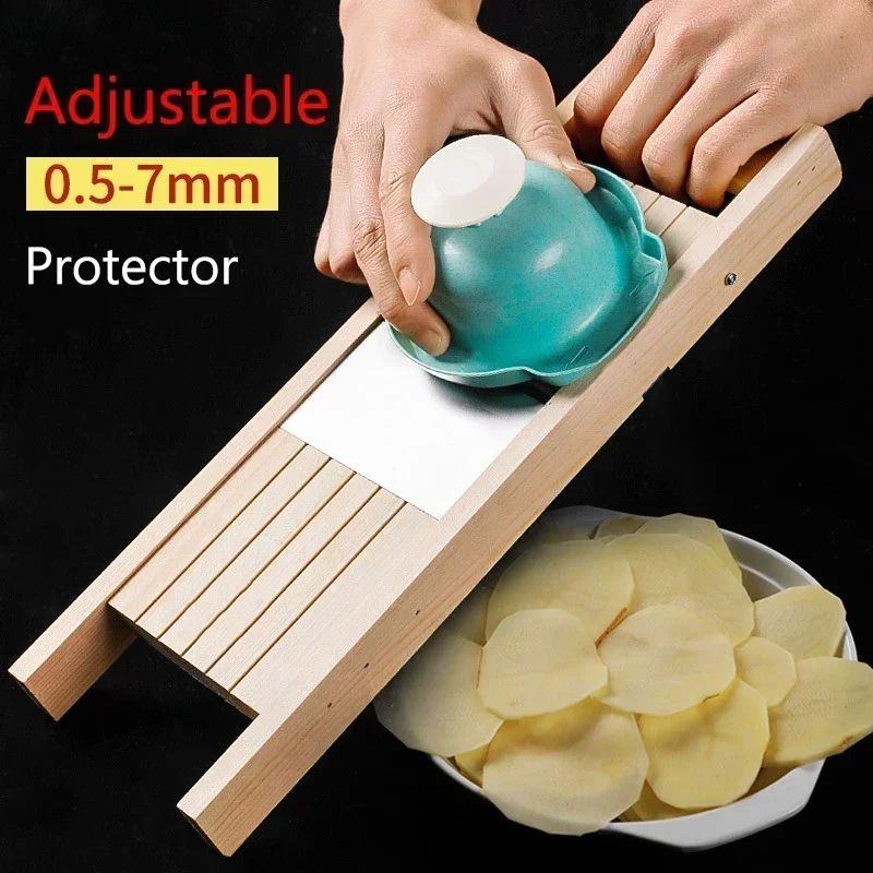 Wooden Vegetables Cutter,Adjustable Vegetable 0.5-7mm Slicer for Potato,Tomato and Onion Cabbage Shredder Chip Fruit Chopper