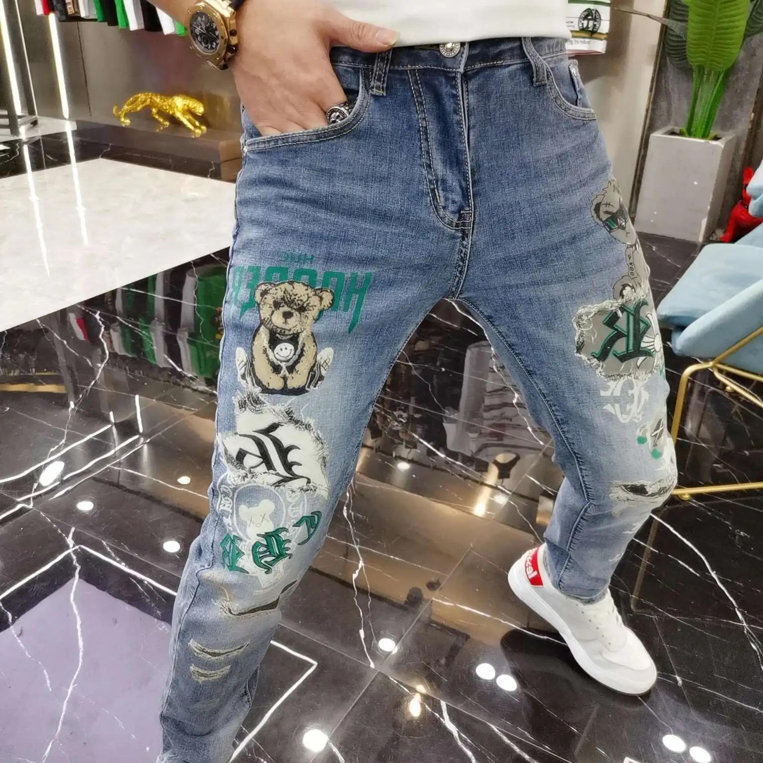 

Jeans Men's 2022 Spring New Bear Print Leggings Slim Fit Fashion Korean High Quality Trend Printed Pants Erkek Jean Pantolon