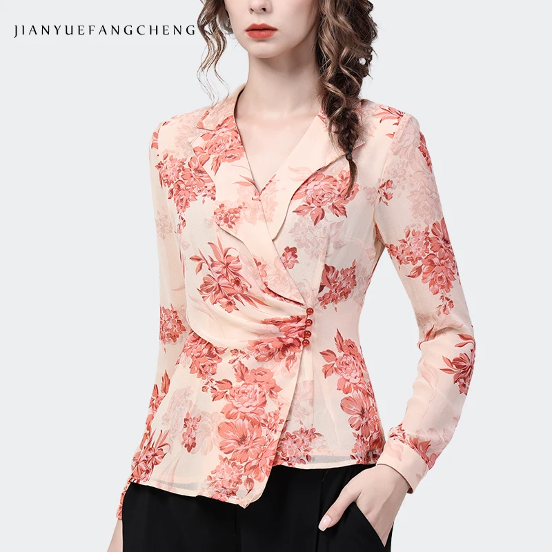 

Fashion Suit Collar Floral Print Chiffon Blouse Women Long Sleeve Pink Button Shirt Spring Autumn Tops Elegant Vintage Clothing