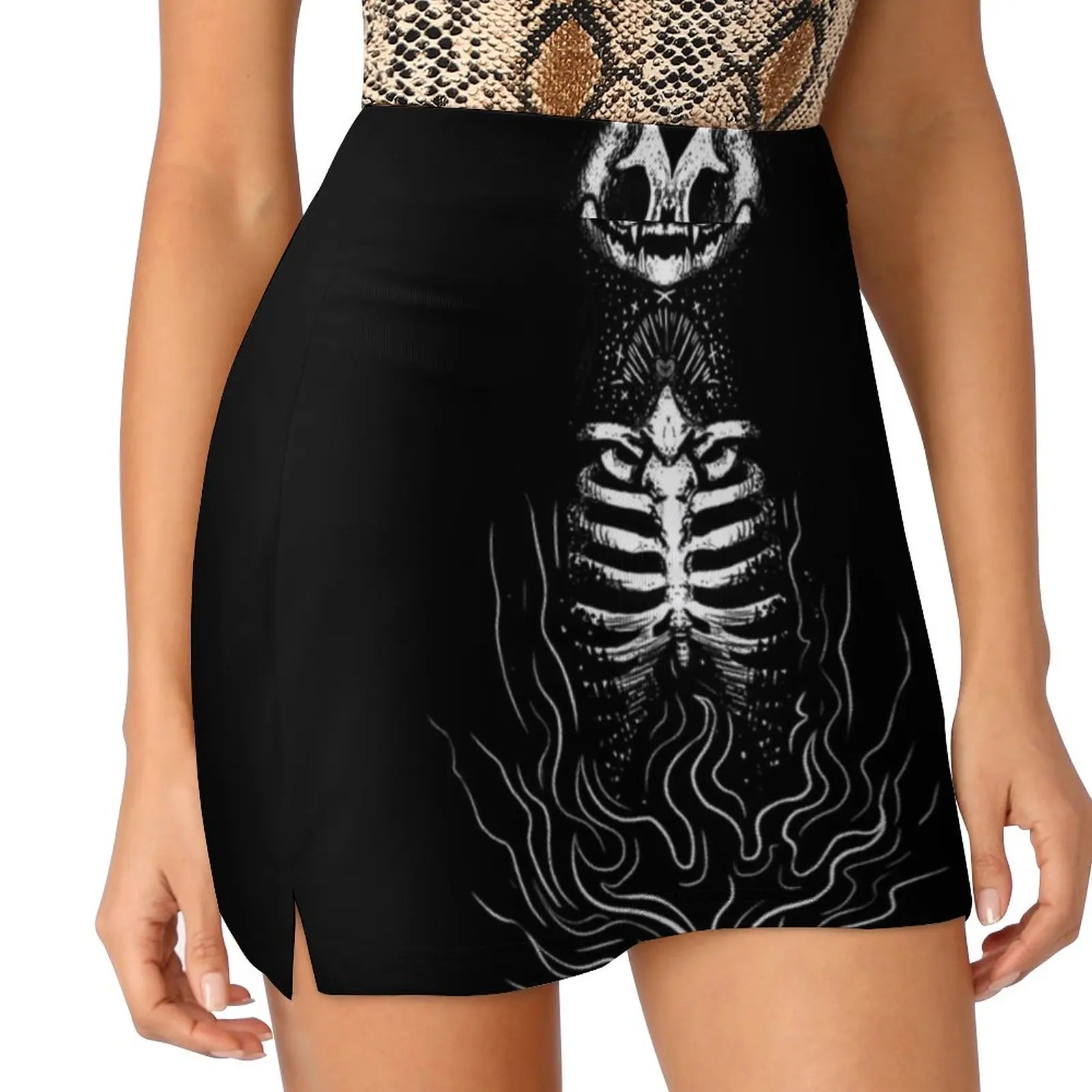 Gothic Black Cat Women's skirt Mini Skirts A Line Skirt With Hide Pocket Gothic Skull Dagger Rose Cat Skeleton Fire White