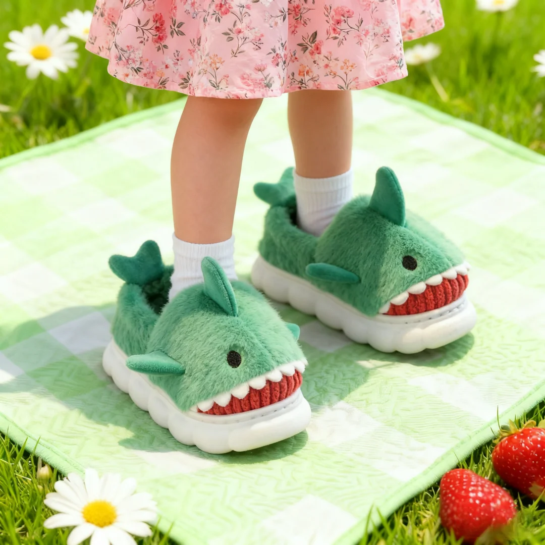 Sandal Anak-anak Sepatu Rumah Sepatu Musim Dingin Hiu untuk Anak-anak Bulu Katun Hangat Anti-selip Sol Lembut Sepatu Biru Oranye Ukuran 24-36