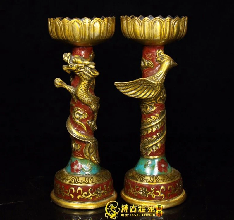 Antique bronze ware Cloisonné dragon phoenix candle stand a pair of red copper bodies filigree enamel antique craft supplies