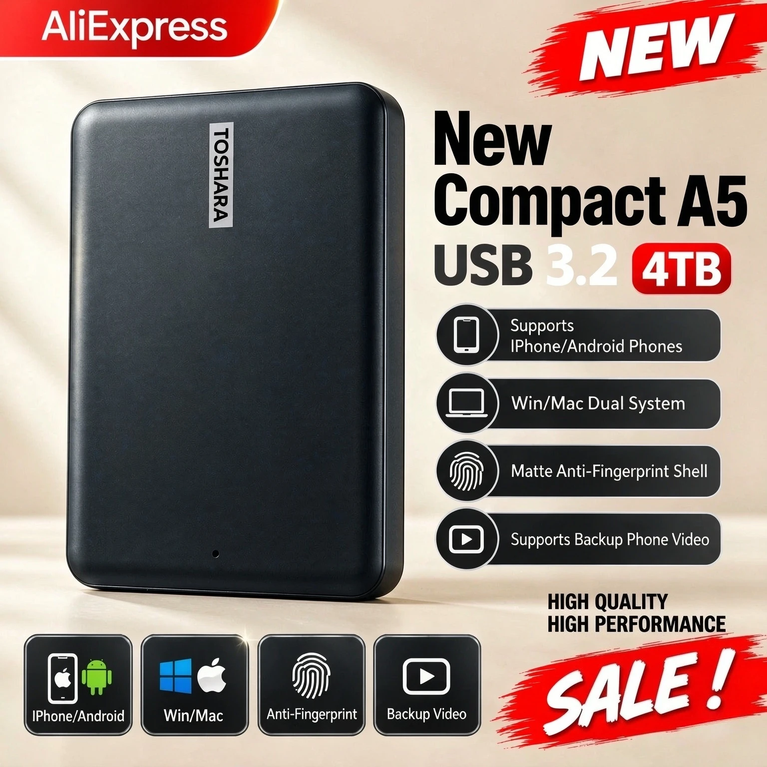 New Original A5 Portable External Hard Drive USB 3.2 2TB 4TB High Speed External Data Storage Disk for PS5 Laptop Notebook PC