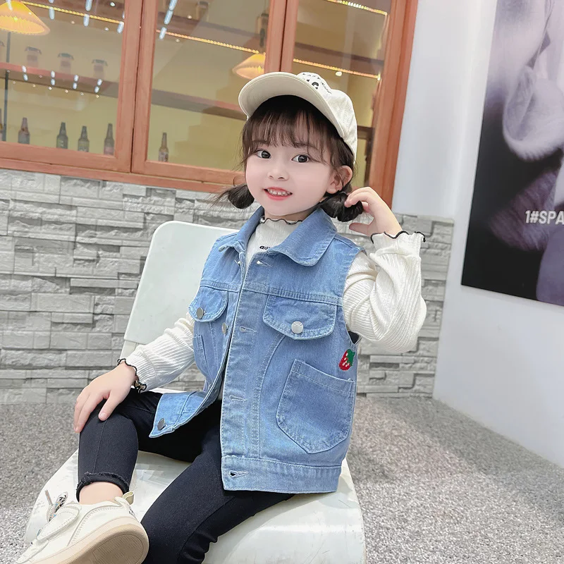 Girls Denim Vest Spring Autumn Lapel Sleeveless Children Waistcoat Cute Casual Single-Breasted Jean Outerwear