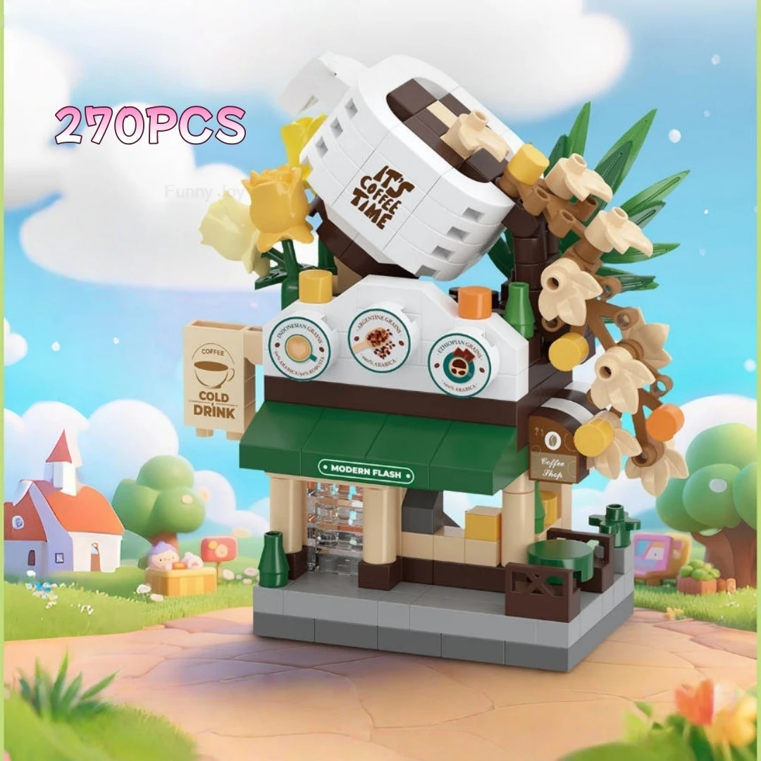 Grappige Joy Library Candy Store Street View Koffie Huisdier Brood Bloem Hamburger Kleine winkel Stad Bouwstenen Straatwinkel Speelgoed