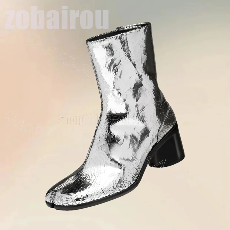 Silver Crack Patten Horse Hoof Mid Calf Boots Fashion Slip On Men Boots Luxurious Handmade Party Banquet Office Men Casual Shoes