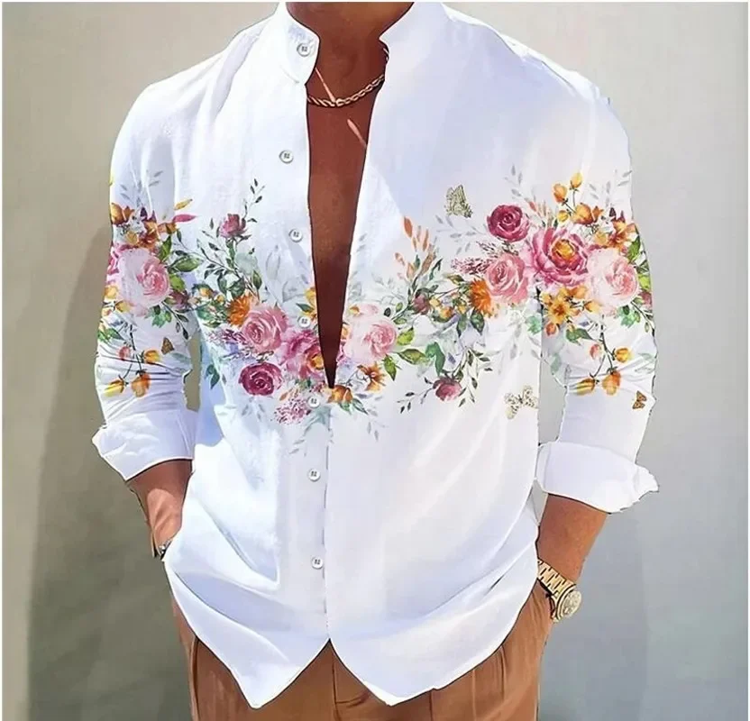 

Men's White Classic Simple Natural Pattern 3D Printed Long-sleeved Shirt Spring and Autumn Outing Party Printed Lapel Shirt 6XL