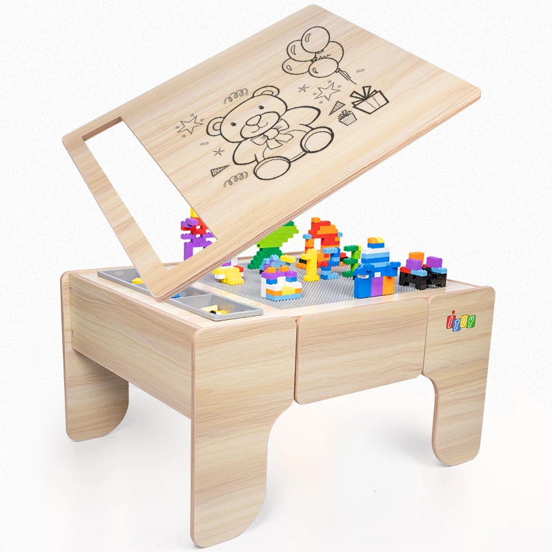 Mesa de brinquedo de madeira montada infantil, compatível com educação infantil, aprendizado de uso duplo