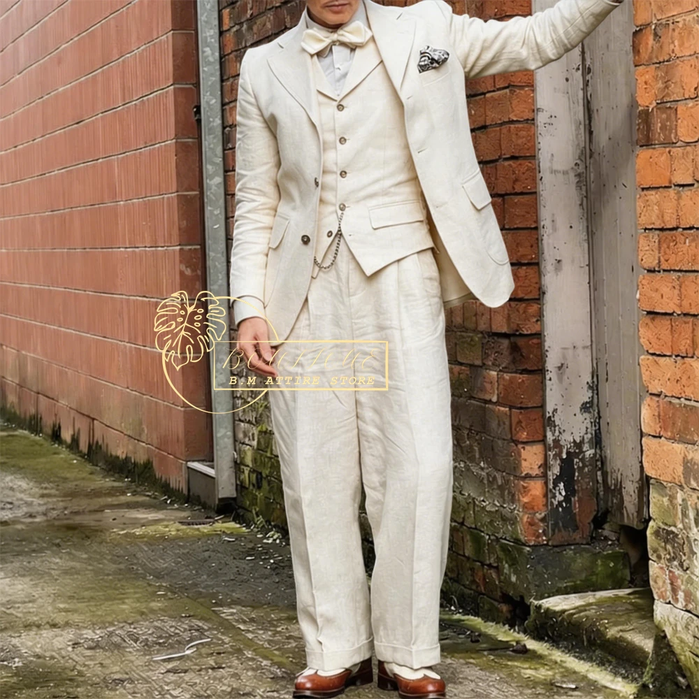 Ivory Linen Men's Suit Jacket Vest Oversized Pants Custom 3-piece Set for Casual Daily Wear Party Date Men's Outfit