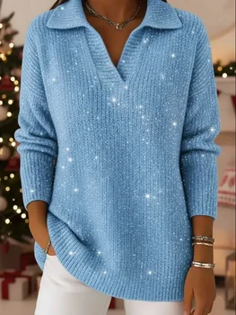 Fashion Sequins Sweater Lady  Casual Knit Long Sleeve V Neck Pullover Sweaters Tops For Women Holiday Chic Women's Clothing New