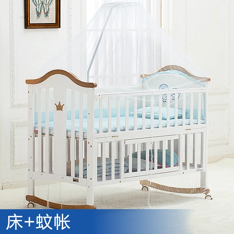 Crib solid wood European baby rocker with roller multi-functional pine plus game bb White bed Wholesale