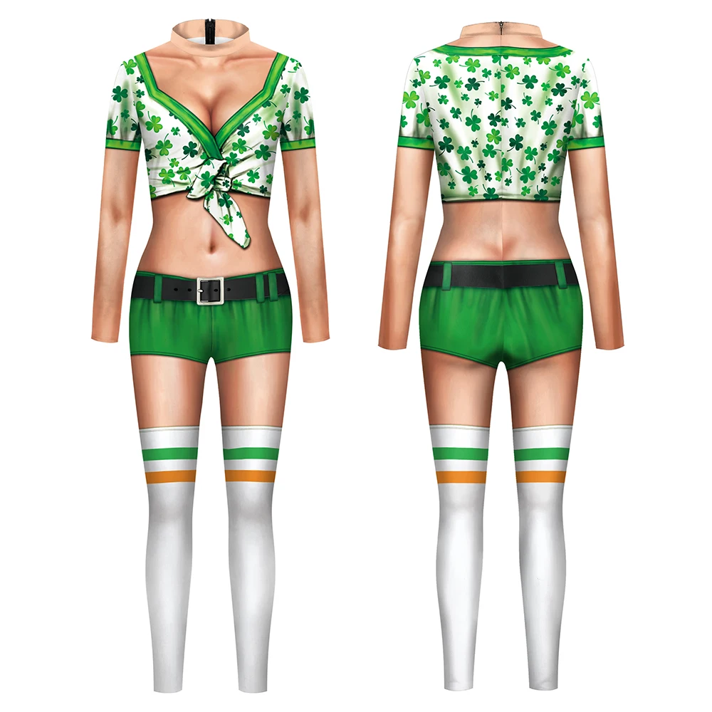 Clover Pattern Jumpsuit St. Patrick's Day Long Sleeved Bodysuit Cheerleading Team Cosplay Costume Festival Zentai Women Outfit