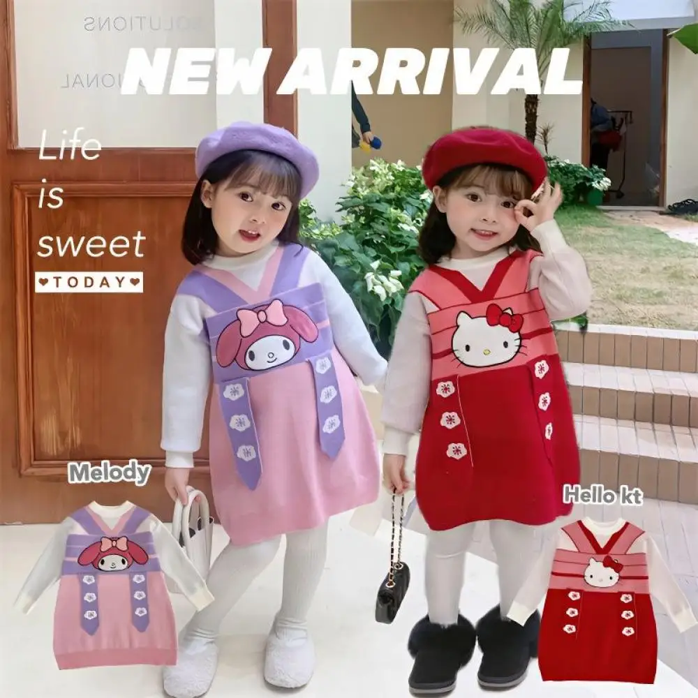 

Kawaii Sanrio Girls Dress Hello Kitty Sweater Skirt Long Sleeve Anime Cartoon Autumn Winter Princess Dress Children's Clothing