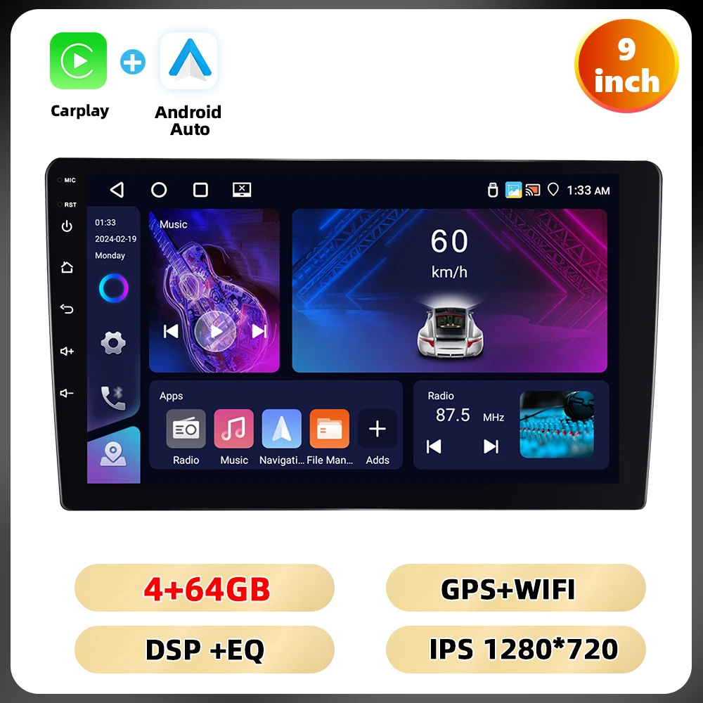 Podofo 4 + 64G 7 ''/9''/10.1 '''Autoradio Universele Android Multimedia Speler Wifi Gps Navigatie Carplay Android Auto Dsp Auto Audio