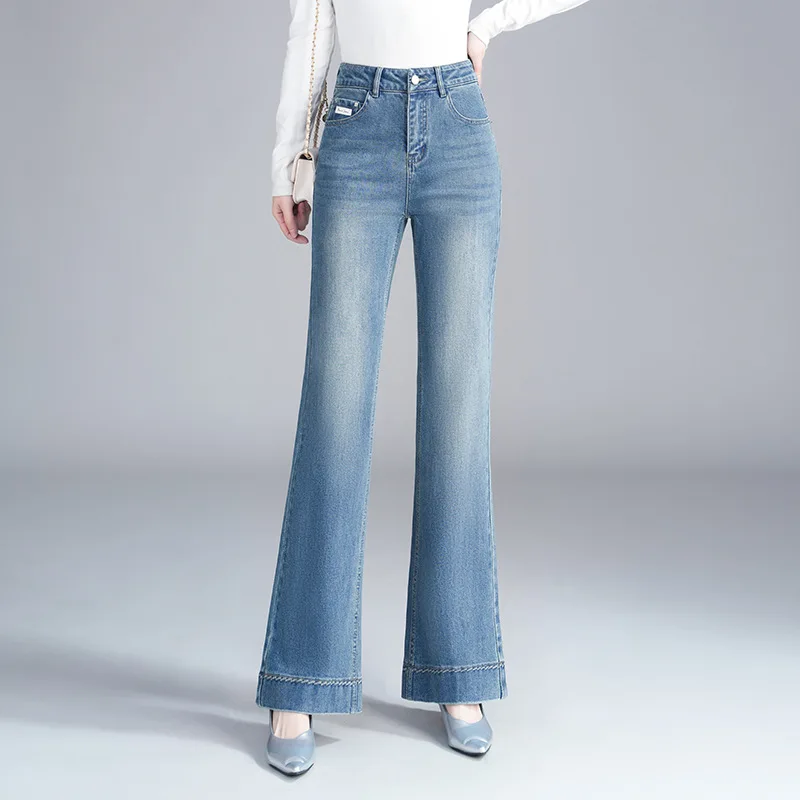 ارتفاع الخصر متوهج السراويل التخسيس الرجعية تمتد الطابق طول الدنيم جرس أسفل السراويل الصيف متوهج قليلا السراويل