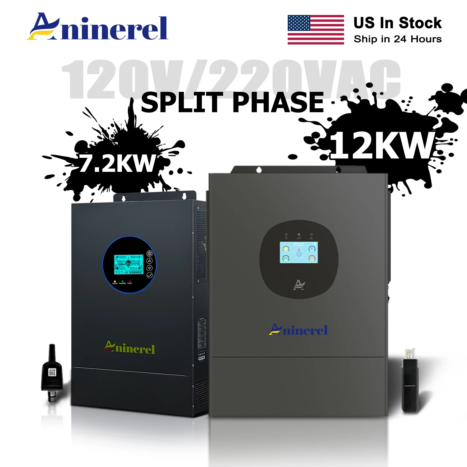 Aninerel New Split Phase Solar Inverter 7.2KW 12KW 48V 120V/240VAC Dual MPPT Pure Sine Wave Home PV Inverter Parallel US In Stock