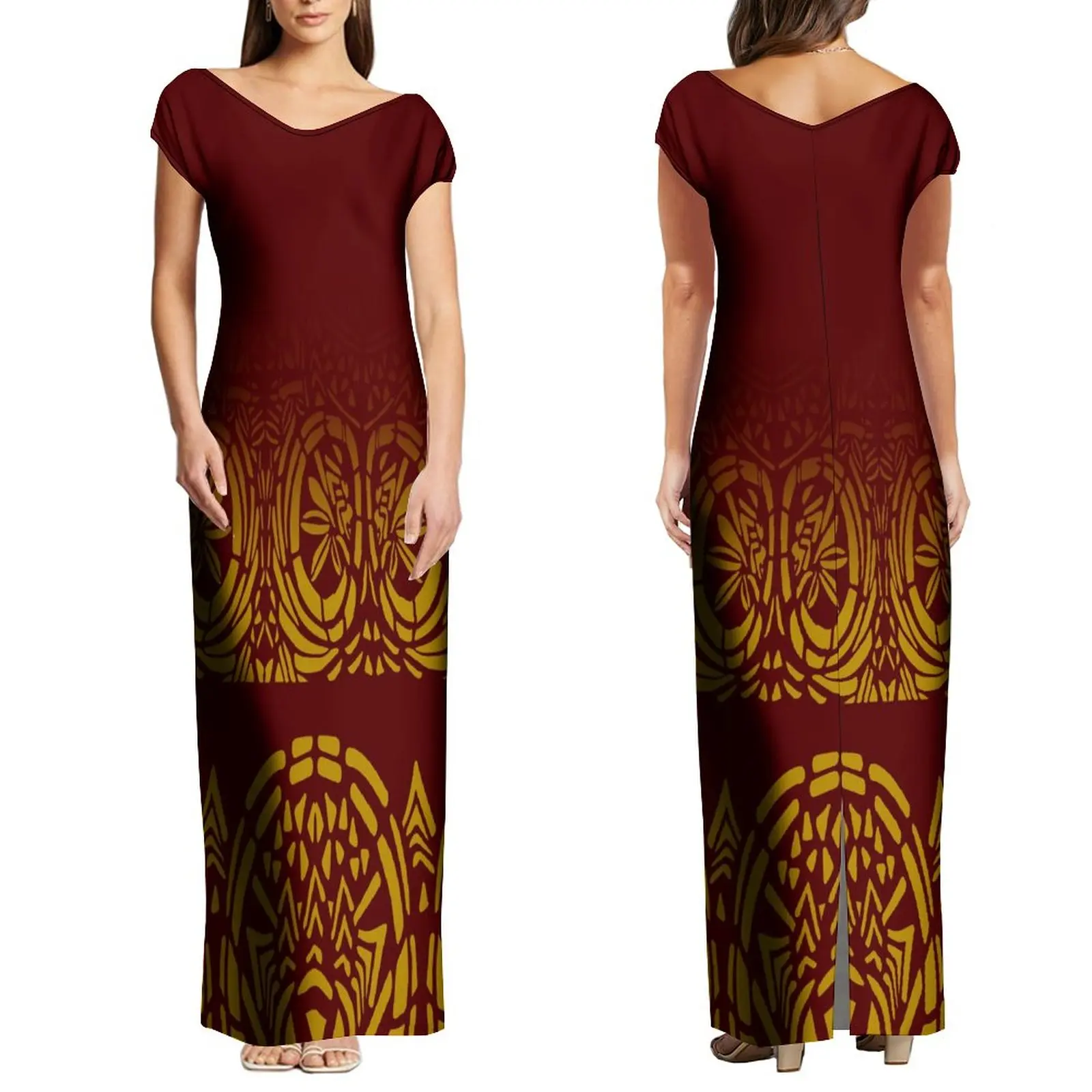 

High Quality Custom Polynesian Dress Off Shoulder Big V Neck Short Sleeve Long Dress Plus Size Women Maxi Evening Party Dresses