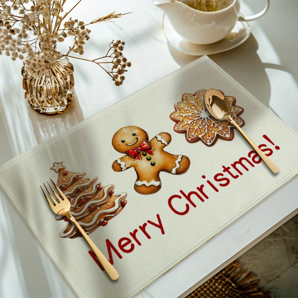 Christmas Gingerbread Man Placemats, Rectangular Polyester Table Mats, 30x40cm Kitchen Dining Decor, , Suige H