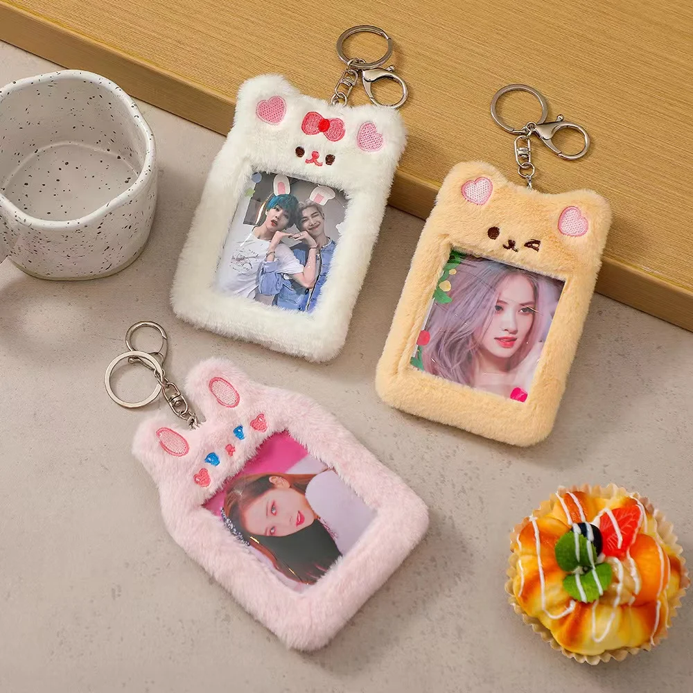 Kawaii Bear Tiger Plush Kpop Photocards Card Holder With Chain Protector Idol Photo Sleeves Credit ID Bank Card Stationery view 4