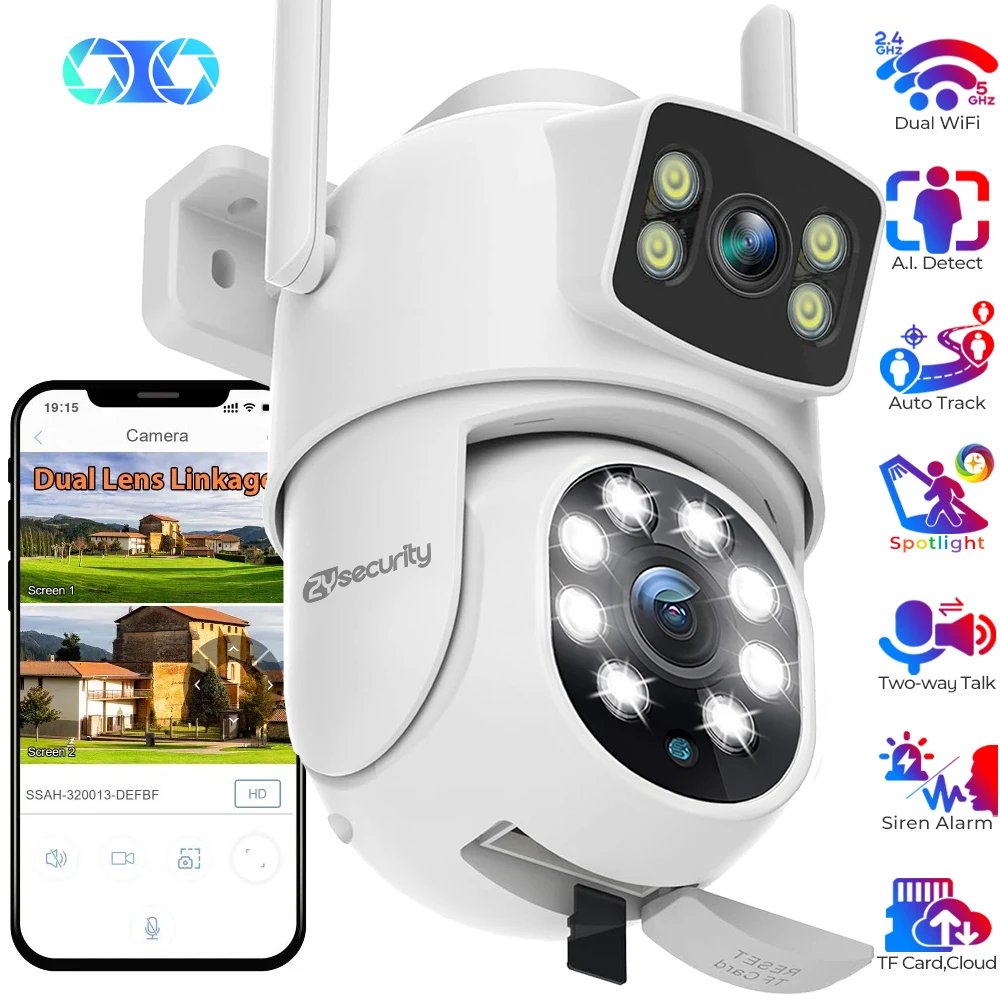 Outdoor Wifi Camera Dual-Lens Dual-Screens PTZ Camera 2 in 1 Linkage Camera Humanoid Auto Tracking Two Way Audio Camera Camhipro