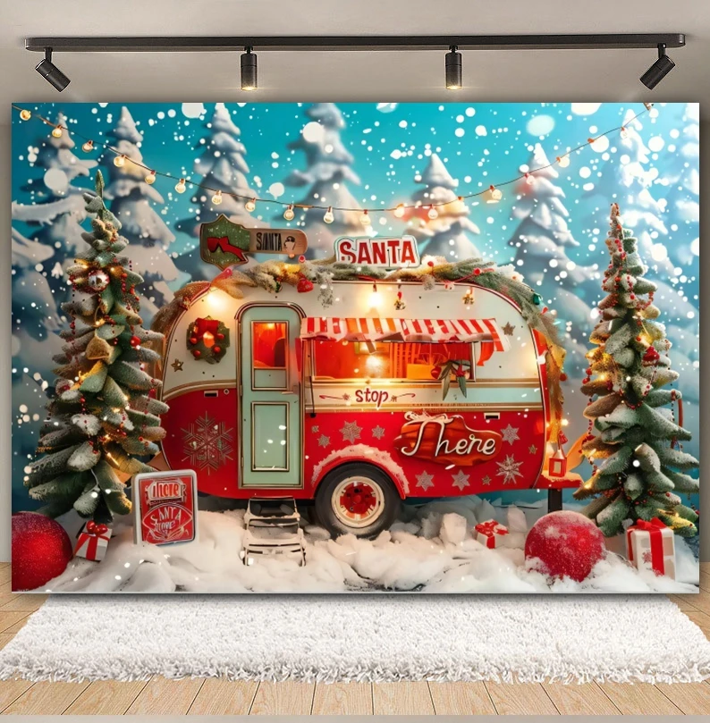 Kersttruck Achtergrond Voor Fotografie Kerstboom Geschenken Winter Bos Candy Cane Kids Familie Feest Achtergrond Fotostudio